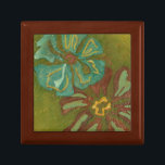 Aqua and Burnt Orange Flowers on Green Background Keepsake Box<br><div class="desc">Heavy paint strokes punctuate this piece by Chariklia Zarris. Aqua and burnt orange flowers loom large on a lime green background. A great piece to help you start your art collection!</div>