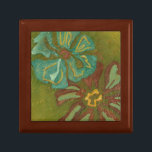 Aqua and Burnt Orange Flowers on Green Background Keepsake Box<br><div class="desc">Heavy paint strokes punctuate this piece by Chariklia Zarris. Aqua and burnt orange flowers loom large on a lime green background. A great piece to help you start your art collection!</div>