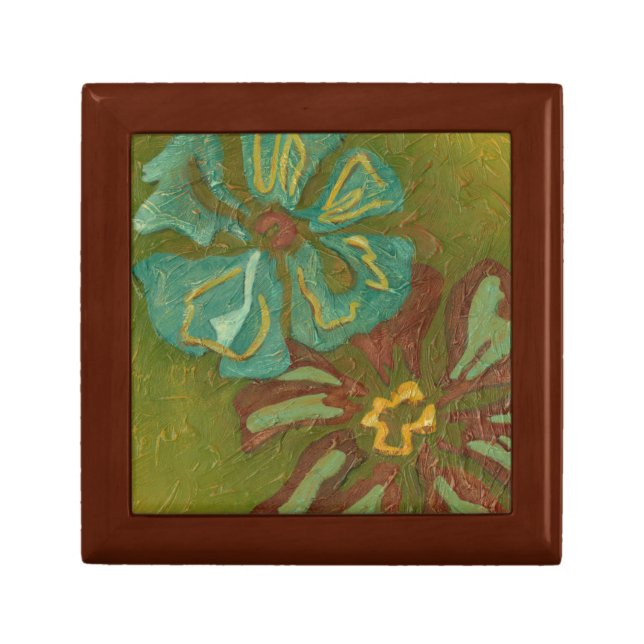 Aqua and Burnt Orange Flowers on Green Background Keepsake Box (Front)