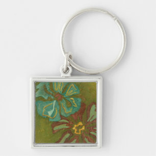 Aqua and Burnt Orange Flowers on Green Background Keychain