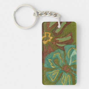 Aqua and Burnt Orange Flowers on Green Background Keychain