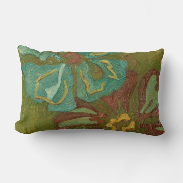 Aqua and Burnt Orange Flowers on Green Background Lumbar Pillow (Front)