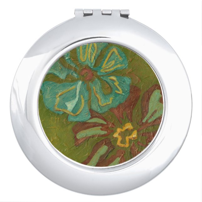 Aqua and Burnt Orange Flowers on Green Background Mirror For Makeup (Front)