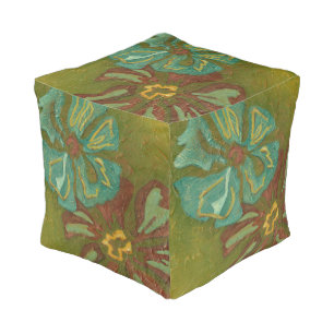 Aqua and Burnt Orange Flowers on Green Background Pouf