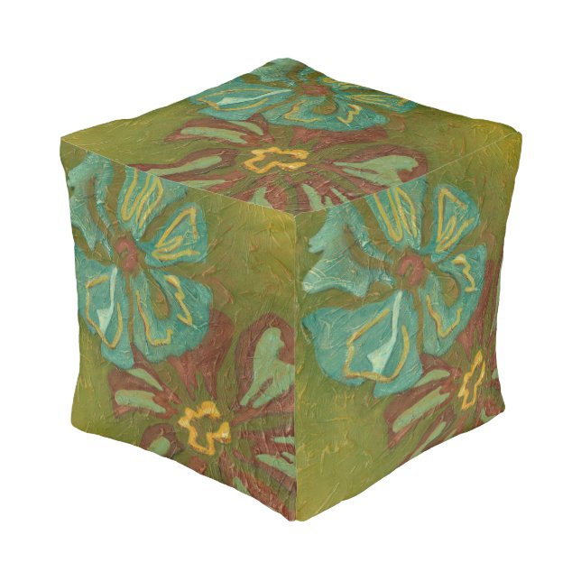 Aqua and Burnt Orange Flowers on Green Background Pouf (Angled Front)