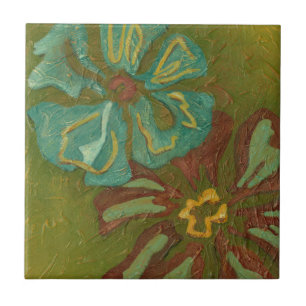 Aqua and Burnt Orange Flowers on Green Background Tile