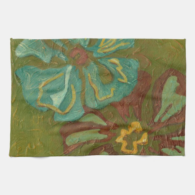 Aqua and Burnt Orange Flowers on Green Background Towel (Horizontal)
