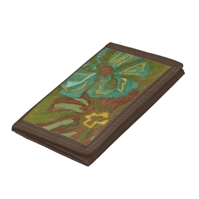 Aqua and Burnt Orange Flowers on Green Background Trifold Wallet (Bottom)