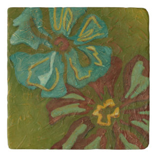 Aqua and Burnt Orange Flowers on Green Background Trivet