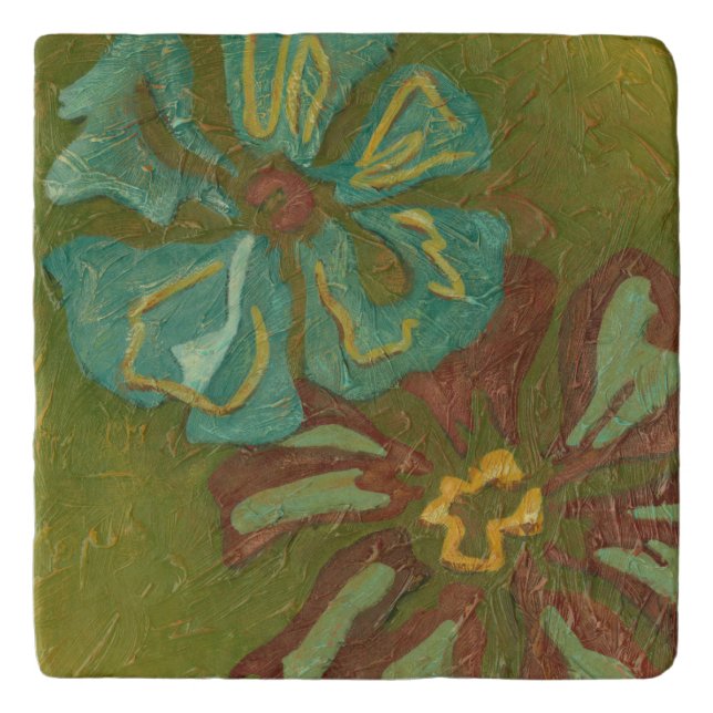 Aqua and Burnt Orange Flowers on Green Background Trivet (Front)