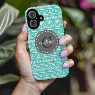 Aqua and Charcoal Aztec Chevron Custom Monogram iPhone 16 Case