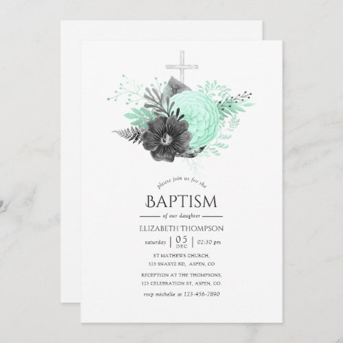 Aqua and Charcoal Floral Rustic Baptism Invitation