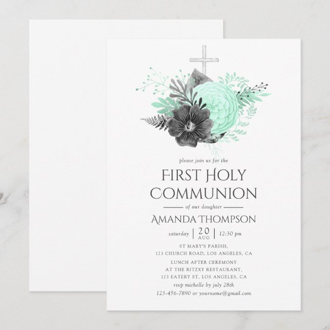 Aqua and Charcoal Floral Rustic Holy Communion Invitation (Front/Back)