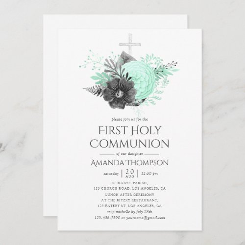 Aqua and Charcoal Floral Rustic Holy Communion Invitation