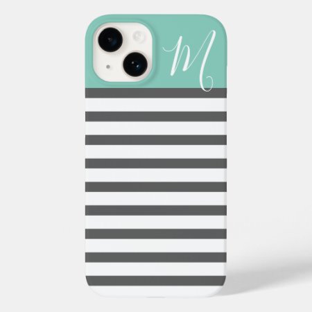 Aqua And Charcoal Preppy Stripes Custom Monogram Case-mate Iphone 14 C