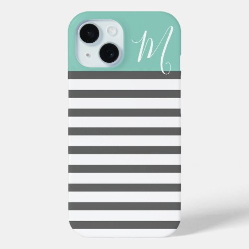 Aqua and Charcoal Preppy Stripes Custom Monogram iPhone 15 Case