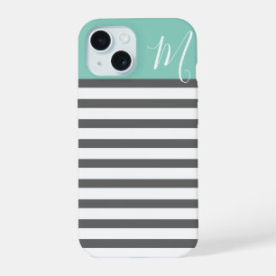 Aqua and Charcoal Preppy Stripes Custom Monogram iPhone 15 Case