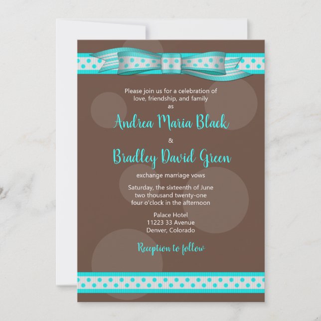 Aqua and Chocolate Brown Polka Dots Invitation (Front)