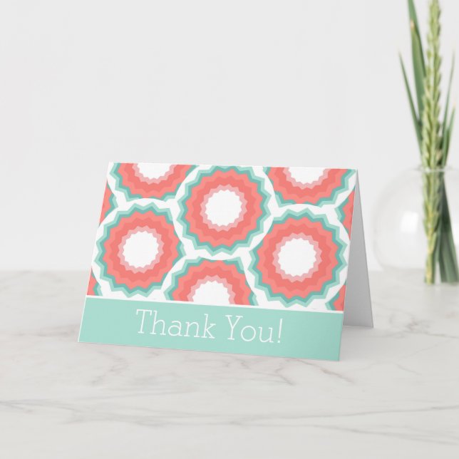 Aqua and Coral Abstract Floral Thank You Card (Front)