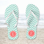 Aqua and Coral Chevron Monogram Flip Flops<br><div class="desc">Custom printed flip flop sandals with a stylish modern chevron pattern and your custom monogram or other text in a circle frame. Click Customize It to change text fonts and colors or add your own images to create a unique one of a kind design!</div>