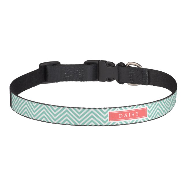 Aqua and Coral Chevron Monogram Pet Collar (Front)