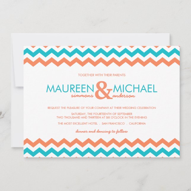 Aqua and Coral Chevron ZigZag Wedding Invitation (Front)