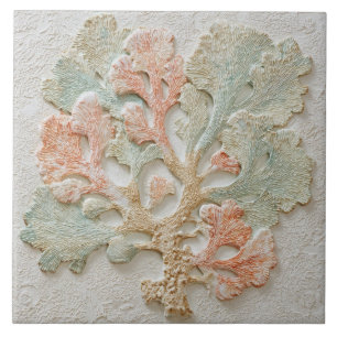 Aqua and Coral Coastal Sea Branch Art Ceramic Tile