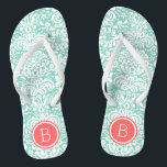 Aqua and Coral Floral Damask Monogram Flip Flops<br><div class="desc">Custom printed flip flop sandals with a stylish elegant floral damask pattern and your custom monogram or other text in a circle frame. Click Customize It to change text fonts and colors or add your own images to create a unique one of a kind design!</div>