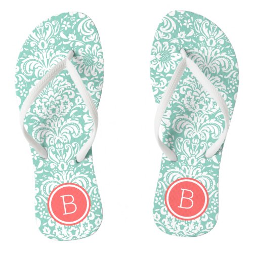 Aqua and Coral Floral Damask Monogram Flip Flops