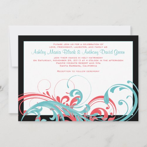 Aqua and Coral Floral Wedding Invitation