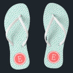 Aqua and Coral Greek Key Monogram Flip Flops<br><div class="desc">Custom printed flip flop sandals with a stylish modern Greek key pattern and your custom monogram or other text in a circle frame. Click Customize It to change text fonts and colors or add your own images to create a unique one of a kind design!</div>