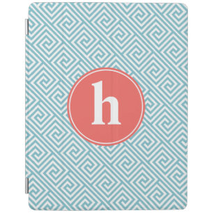 Aqua and Coral Greek Key Pattern Monogram iPad Smart Cover