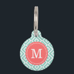 Aqua and Coral Ikat Diamonds Monogram Pet ID Tag<br><div class="desc">Cute girly preppy zigzag ikat diamond pattern personalized with your pet's monogram name or initial in a chic dotted frame. Back features coordinating colors and space to add your pet's name and emergency contact info. Click Customize It to change fonts and colors or add your own photos and text for...</div>