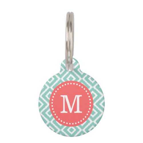 Aqua and Coral Ikat Diamonds Monogram Pet ID Tag