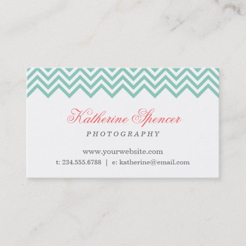 Aqua and Coral Modern Chevron and Polka Dots Business Card