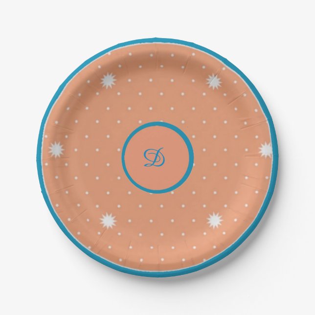Aqua and Coral Monogrammed Paper Plates (Front)