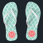 Aqua and Coral Moroccan Quatrefoil Monogram Flip Flops<br><div class="desc">Custom printed flip flop sandals with a stylish Moroccan quatrefoil pattern and your custom monogram or other text in a circle frame. Click Customize It to change text fonts and colors or add your own images to create a unique one of a kind design!</div>