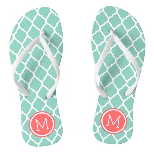 Aqua and Coral Moroccan Quatrefoil Monogram Flip Flops