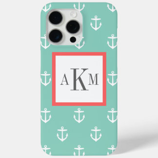 Aqua and Coral Nautical Anchor Custom Monogram iPhone 15 Pro Max Case