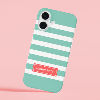Aqua and Coral Preppy Stripes Monogram iPhone 16 Case