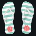 Aqua and Coral Preppy Stripes Monogram Flip Flops<br><div class="desc">Custom printed flip flop sandals with a preppy nautical stripe pattern and your custom monogram or other text in a circle frame. Click Customize It to change text fonts and colors or add your own images to create a unique one of a kind design!</div>