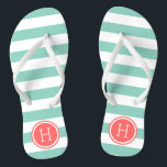 Aqua and Coral Preppy Stripes Monogram Flip Flops<br><div class="desc">Custom printed flip flop sandals with a preppy nautical stripe pattern and your custom monogram or other text in a circle frame. Click Customize It to change text fonts and colors or add your own images to create a unique one of a kind design!</div>