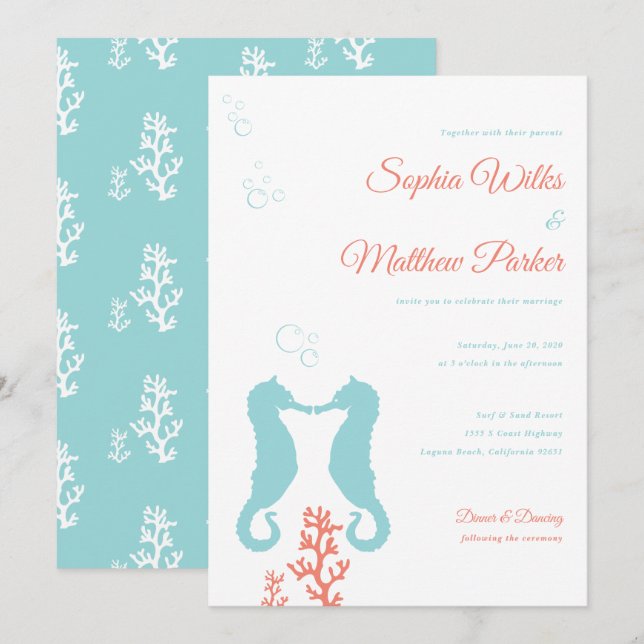 Aqua and Coral Seahorse Wedding Invitation (Front/Back)