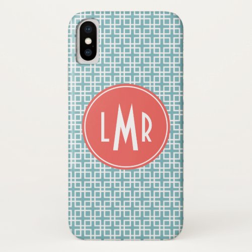 Aqua and Coral Square Lattice Pattern Monogram iPhone XS Case