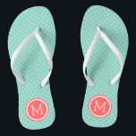 Aqua and Coral Tiny Dots Monogram Flip Flops<br><div class="desc">Custom printed flip flop sandals with a cute girly polka dot pattern and your custom monogram or other text in a circle frame. Click Customize It to change text fonts and colors or add your own images to create a unique one of a kind design!</div>