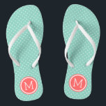 Aqua and Coral Tiny Dots Monogram Flip Flops<br><div class="desc">Custom printed flip flop sandals with a cute girly polka dot pattern and your custom monogram or other text in a circle frame. Click Customize It to change text fonts and colors or add your own images to create a unique one of a kind design!</div>