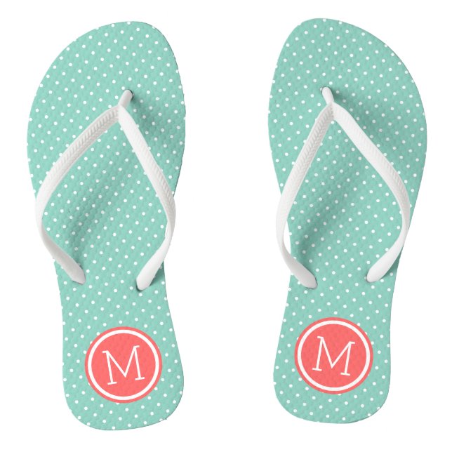 Aqua and Coral Tiny Dots Monogram Flip Flops (Footbed)