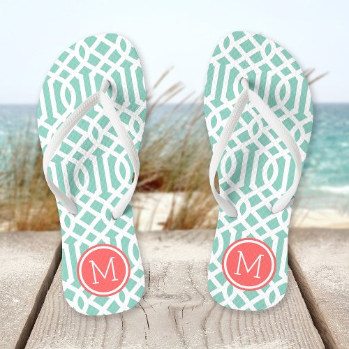 Aqua and Coral Trellis Monogram Flip Flops