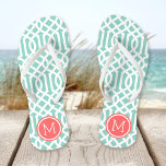 Aqua and Coral Trellis Monogram Flip Flops<br><div class="desc">Custom printed flip flop sandals with a stylish modern trellis pattern and your custom monogram or other text in a circle frame. Click Customize It to change text fonts and colors or add your own images to create a unique one of a kind design!</div>