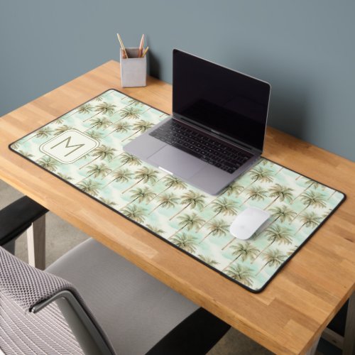 Aqua and Cream Tropical Palm Tree Monogram Desk Mat